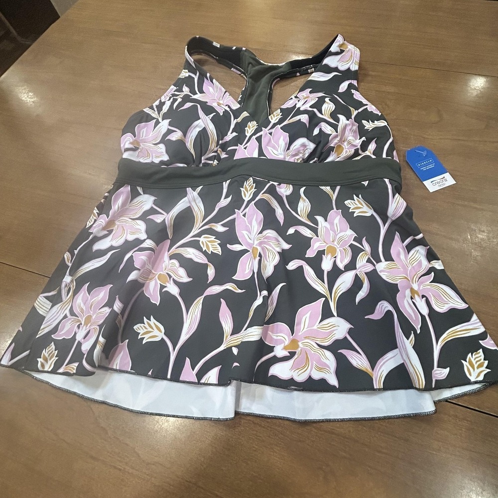 Lands' End Tankini Swim Top Womens 12P‎ Petite Green Floral Racerback Lined